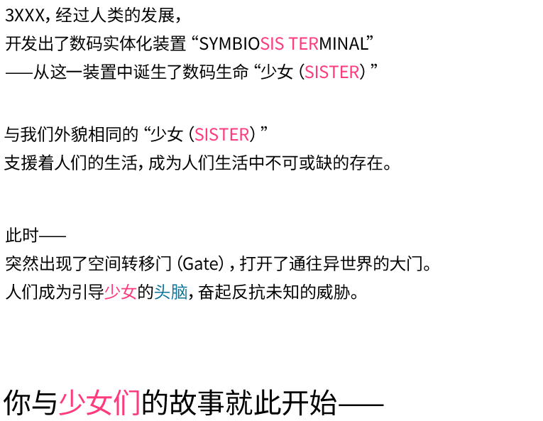 3XXX，经过人类的发展，开发出了数码实体化装置“SYMBIOSIS TERMINAL”——从这一装置中诞生了数码生命“少女（SISTER）”